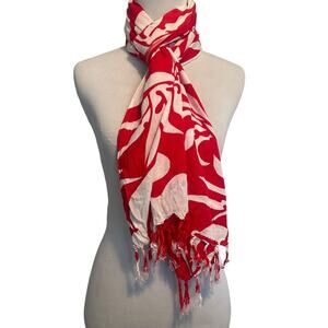 Dancing Gecko Hawaii Tropical Scarf Womens Red White Rectangle Fringed Aloha